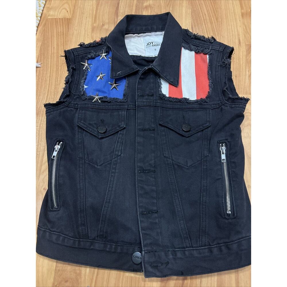 JoyRich Los Angeles Sleeveless American Flag Black Denim Jacket Women’s Small